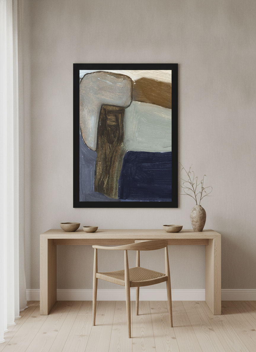 Oversized statement modern wall art print styled on the wall in a warm Japandi home office