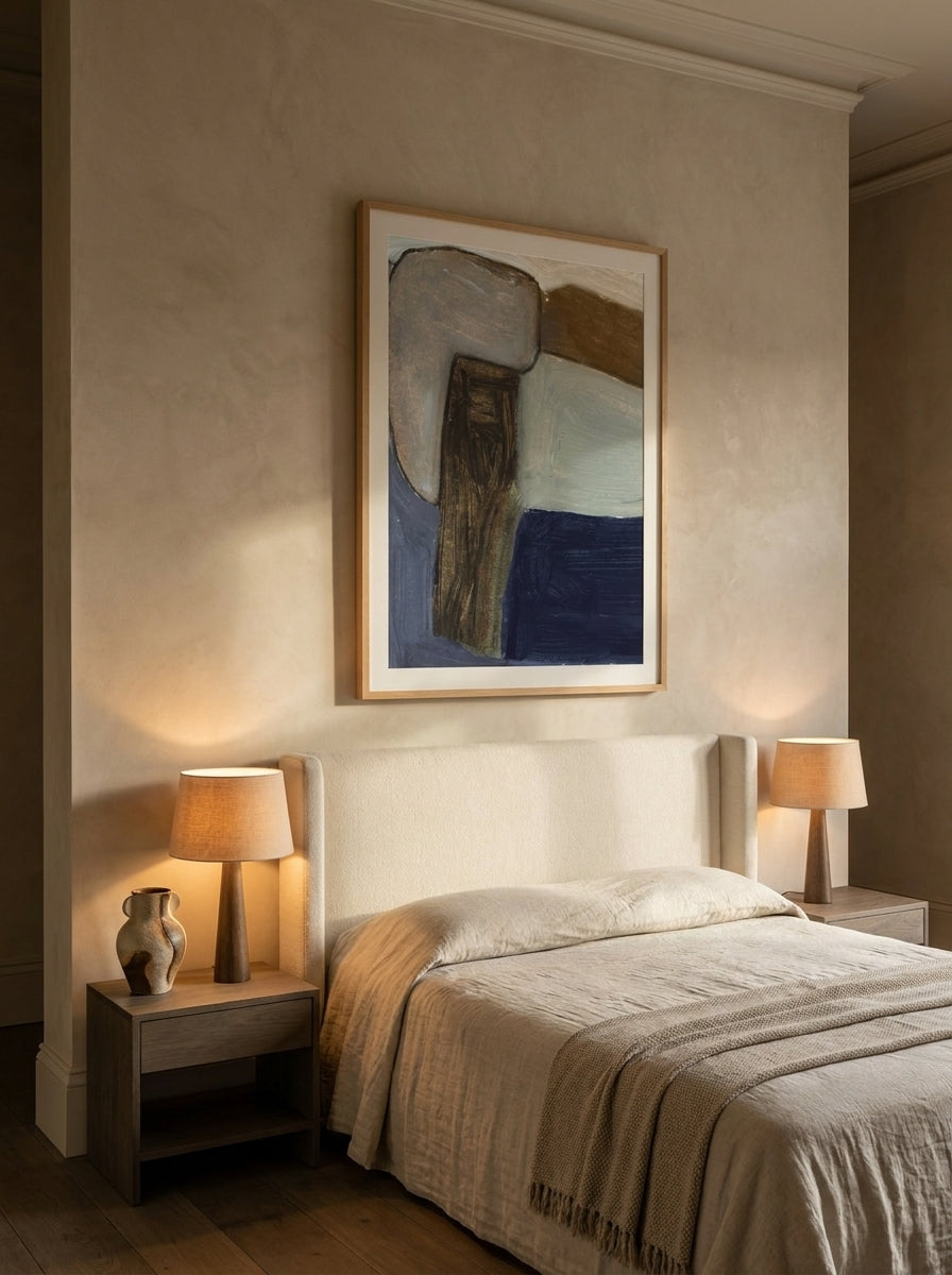 Oversized statement modern wall art print styled on the wall in a luxe bedroom