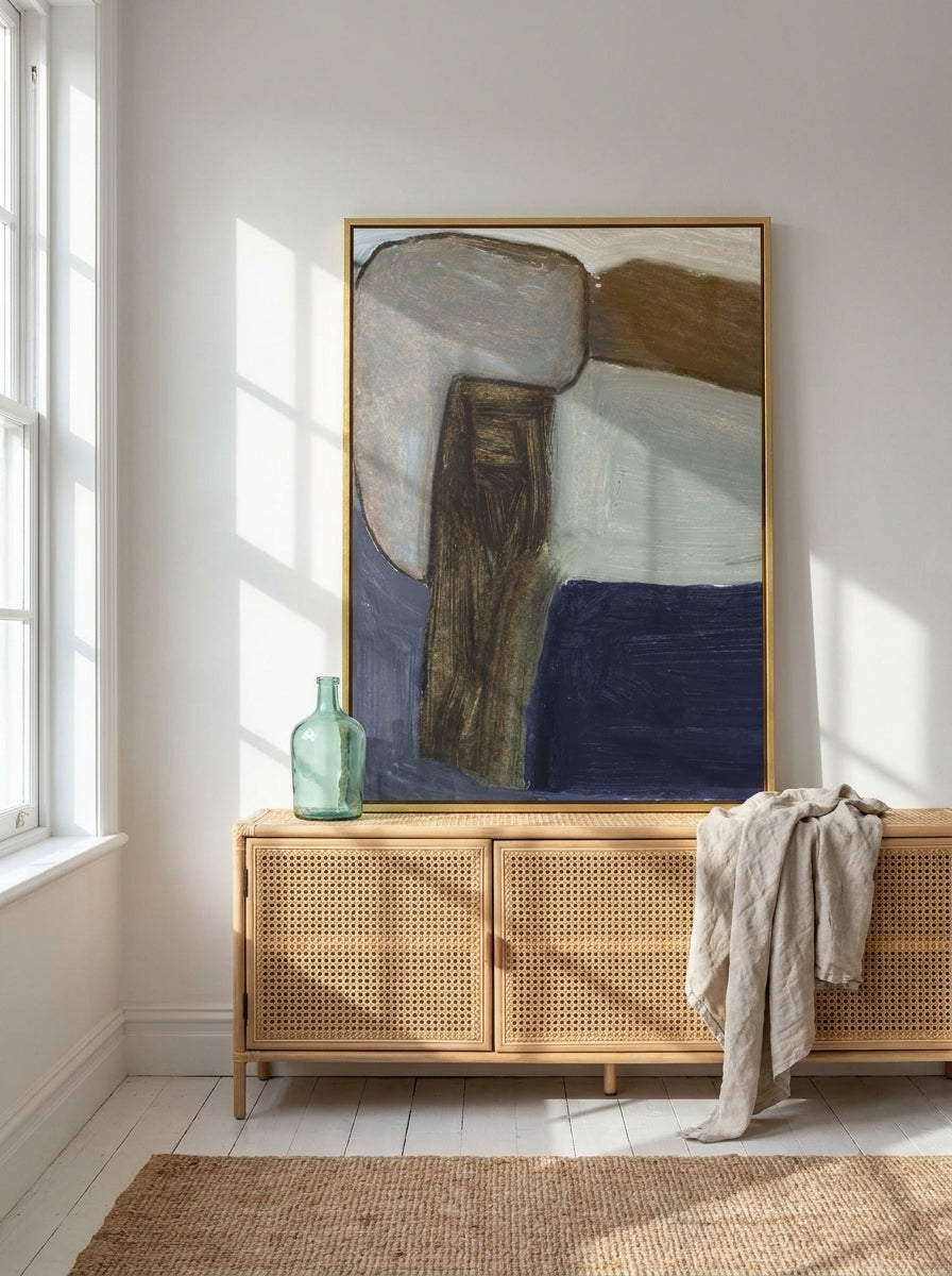 Canvas wall art with a gold leaf surround standing on a sideboard in a coastal bedroom