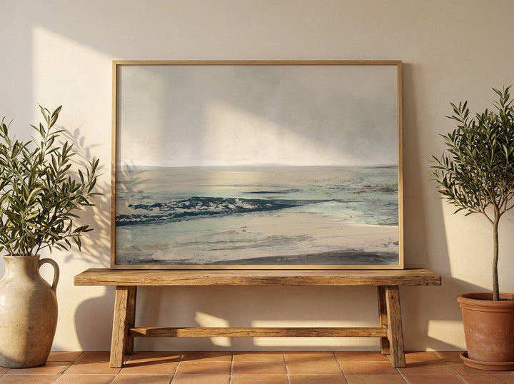 Modern wall art print standing on a bench in a Mediterranean home office