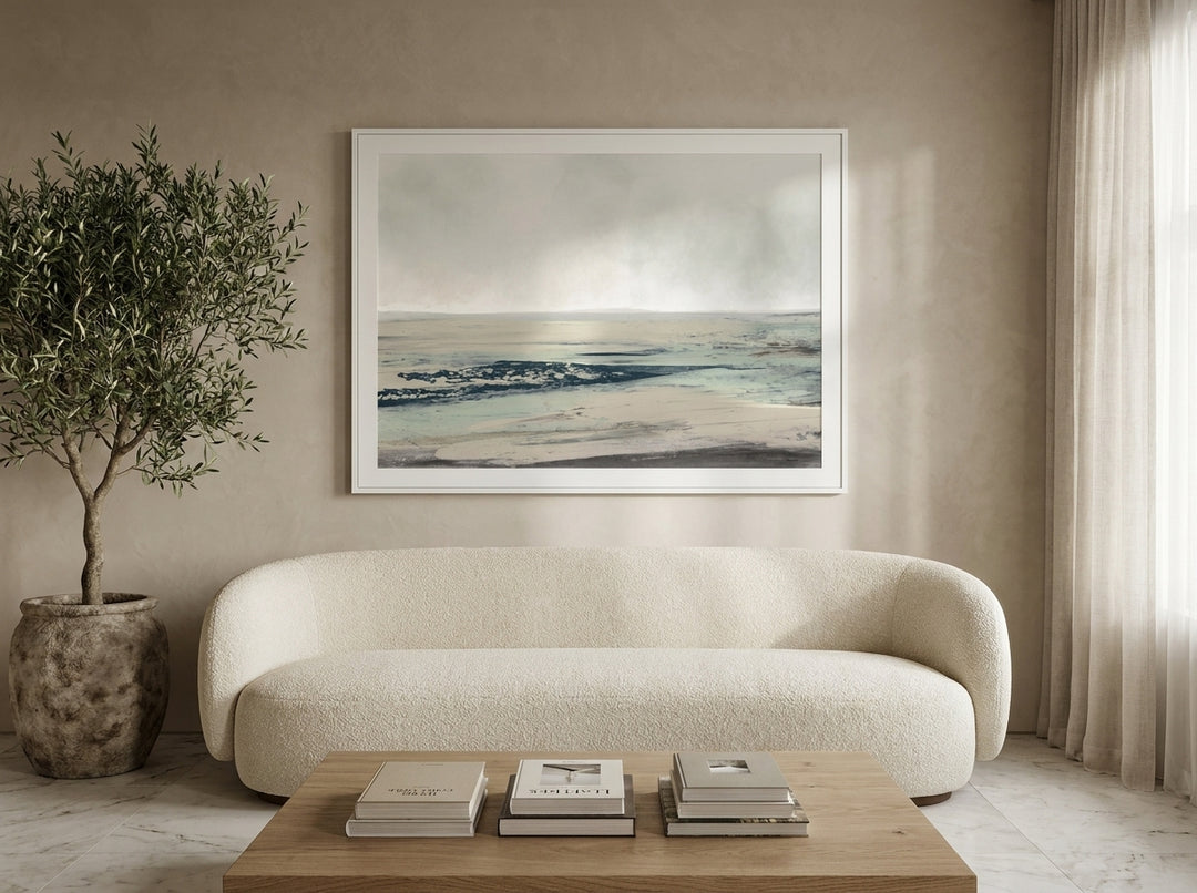 Modern wall art print styled on the wall in a luxe living room