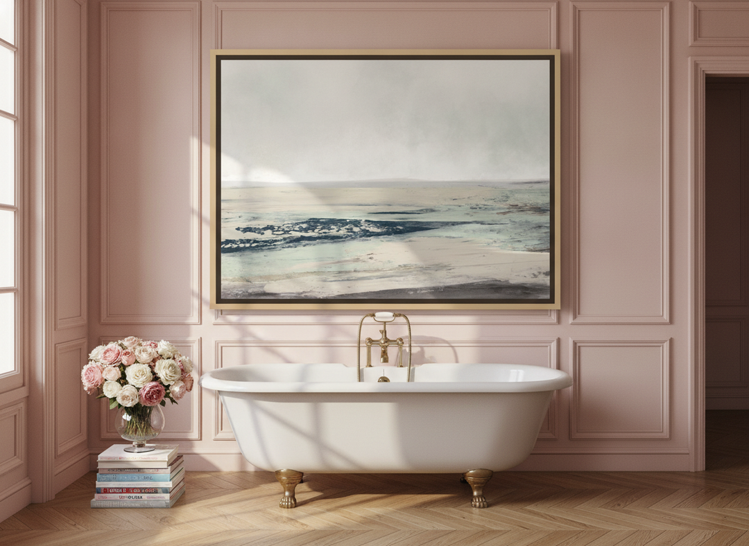 Oversized statement canvas wall art with a natural timber surround styled on the wall in a Parisian bathroom