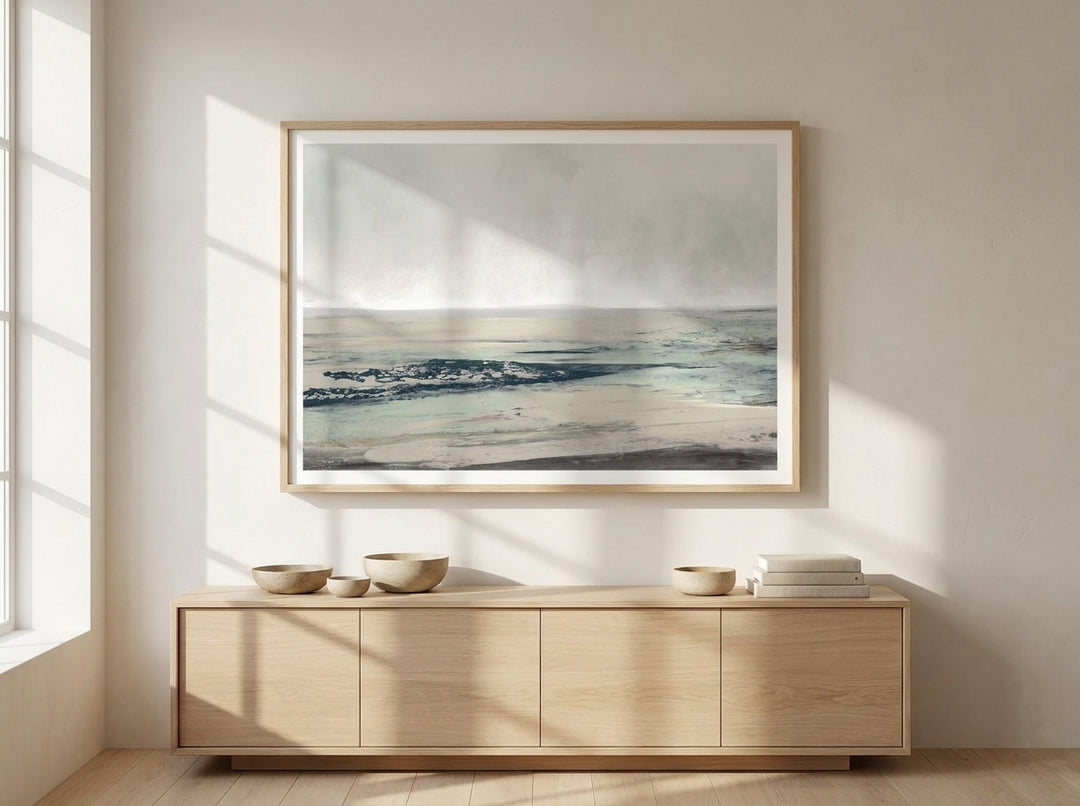 Modern wall art print styled on the wall in a warm Japandi living room