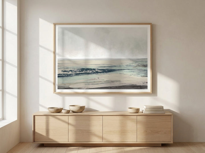 Modern wall art print styled on the wall in a warm Japandi living room