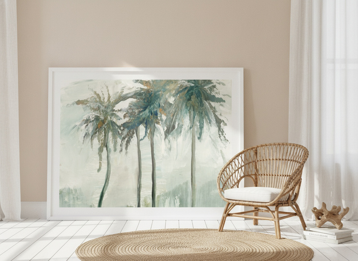 Oversized statement modern wall art print leaning against the wall in a coastal bedroom