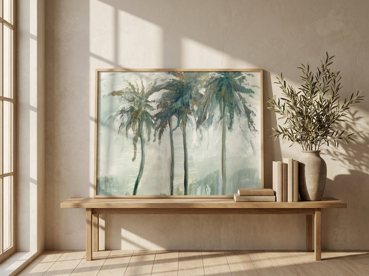 Modern wall art print standing on a bench in a warm Japandi dining room