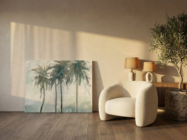 Stretched canvas wall art leaning against the wall in a luxe bedroom