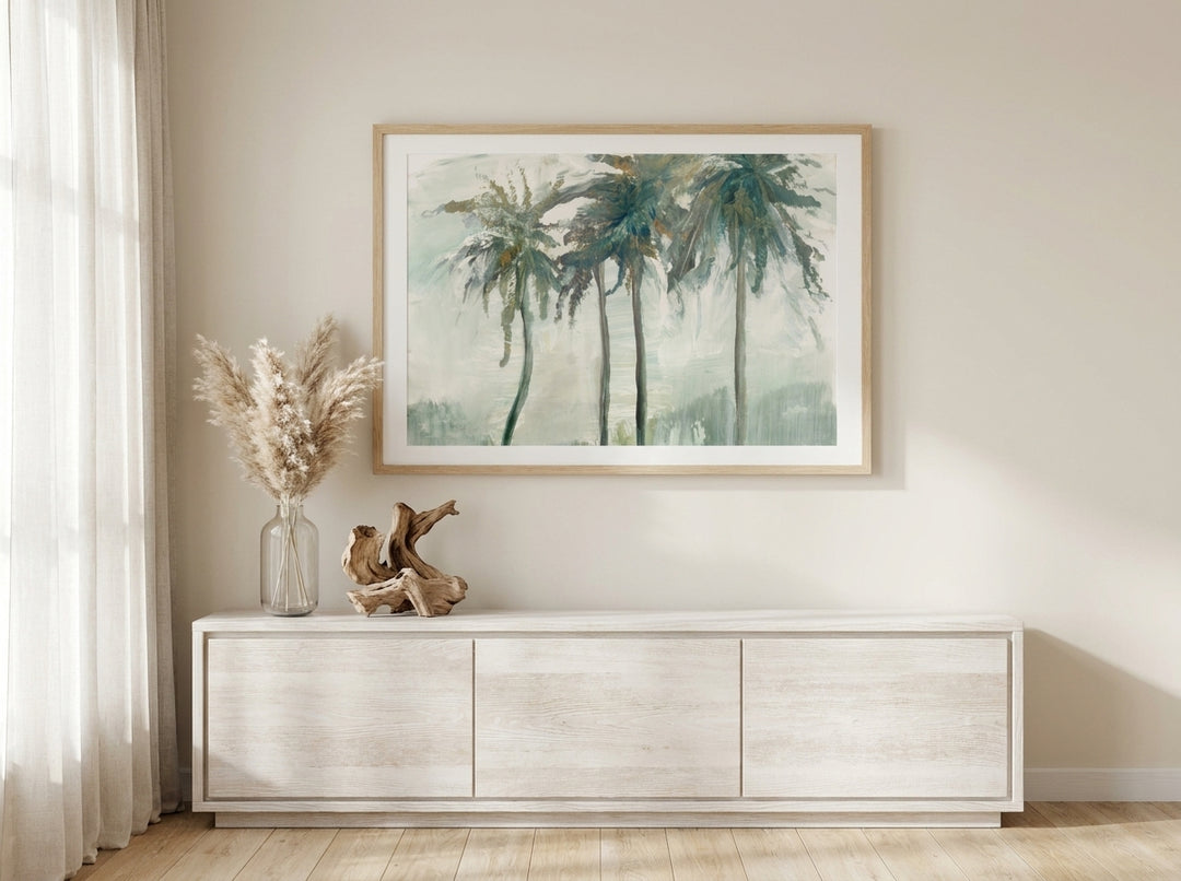 Modern wall art print styled on the wall in a coastal living room