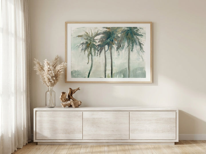 Modern wall art print styled on the wall in a coastal living room