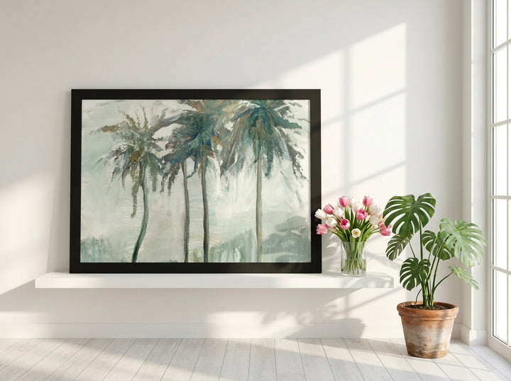 Modern wall art print standing on a shelf in a bright Scandinavian bedroom