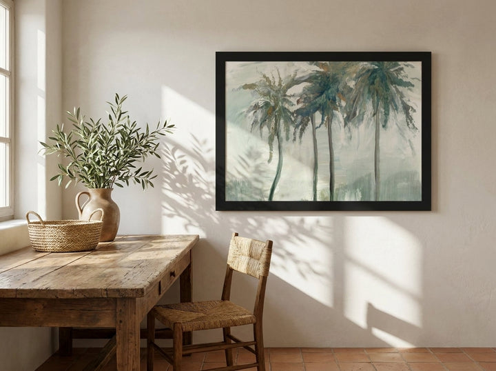 Modern wall art print styled on the wall in a Mediterranean home office