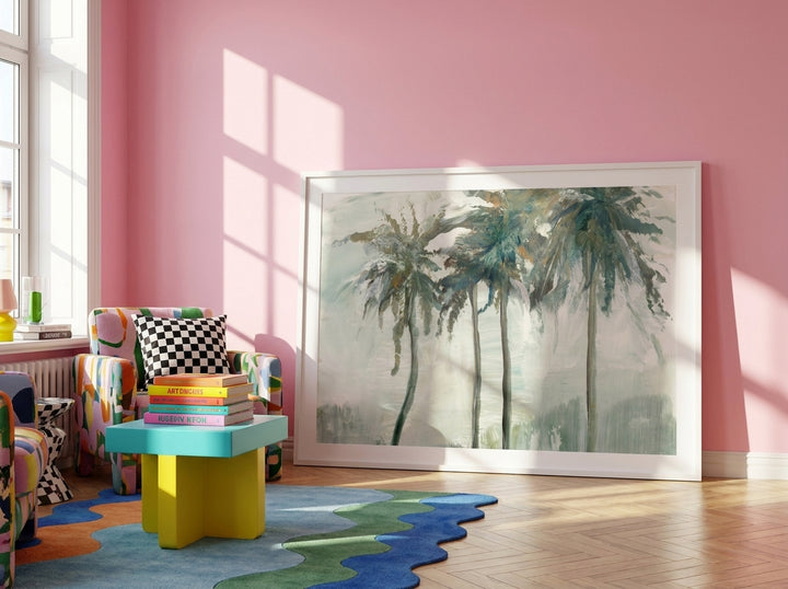 Oversized statement modern wall art print leaning against the wall in a colourful eclectic living room