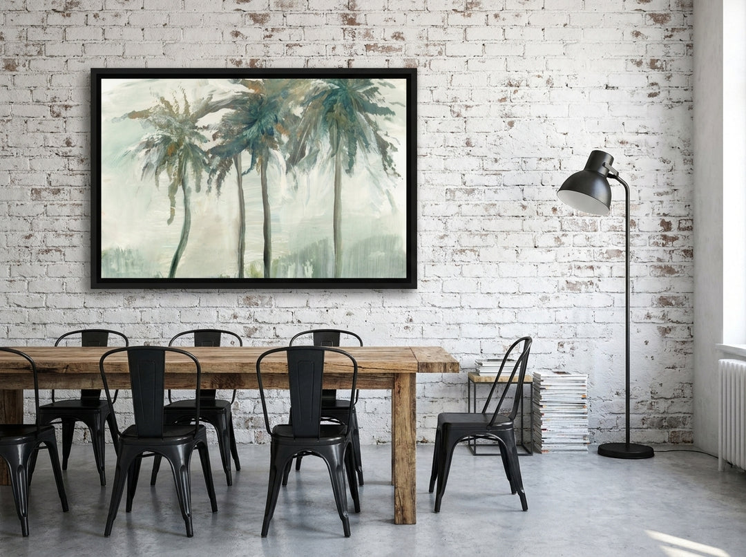 Canvas wall art with a black surround styled on the wall in an industrial loft dining room