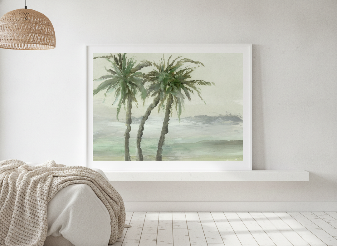 Modern wall art print standing on a shelf in a bright Scandinavian bedroom