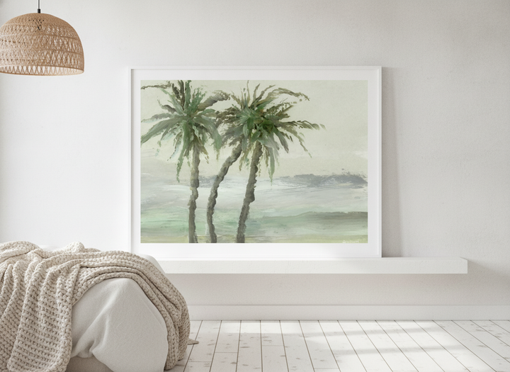 Modern wall art print standing on a shelf in a bright Scandinavian bedroom