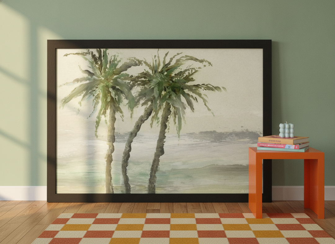 Modern wall art print leaning against the wall in a colourful eclectic home office