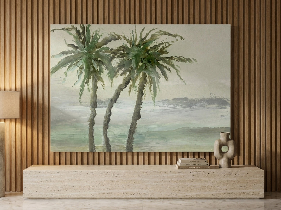 Stretched canvas wall art styled on the wall in a luxe living room