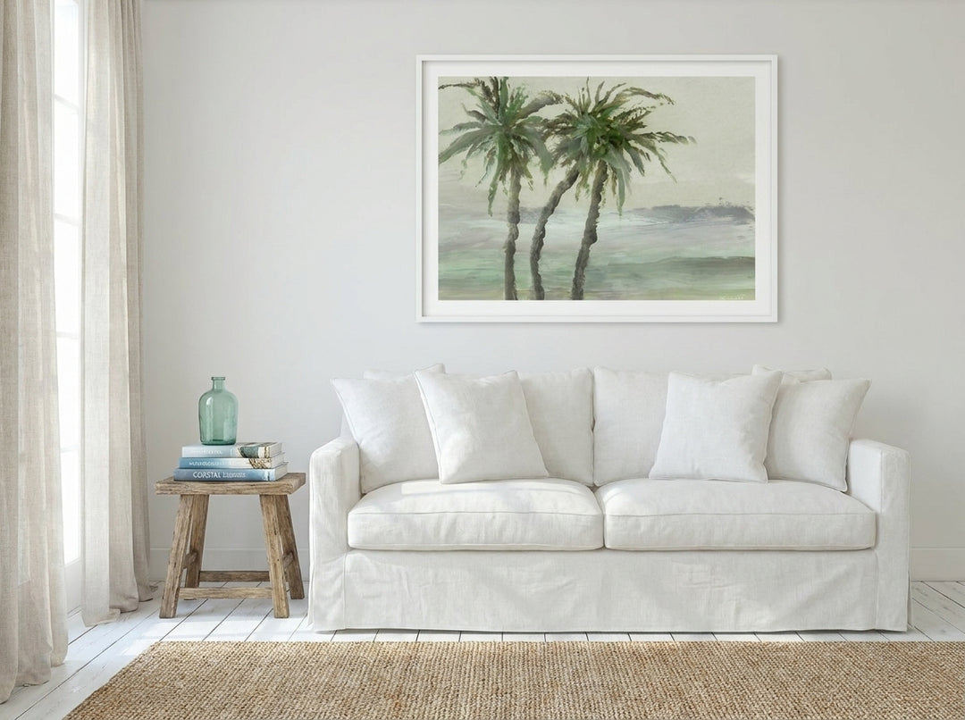 Modern wall art print styled on the wall in a coastal living room