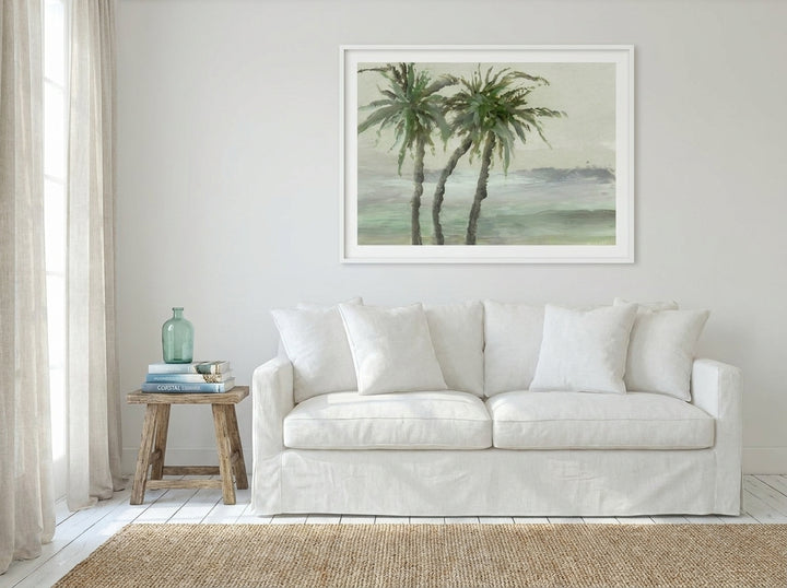 Modern wall art print styled on the wall in a coastal living room