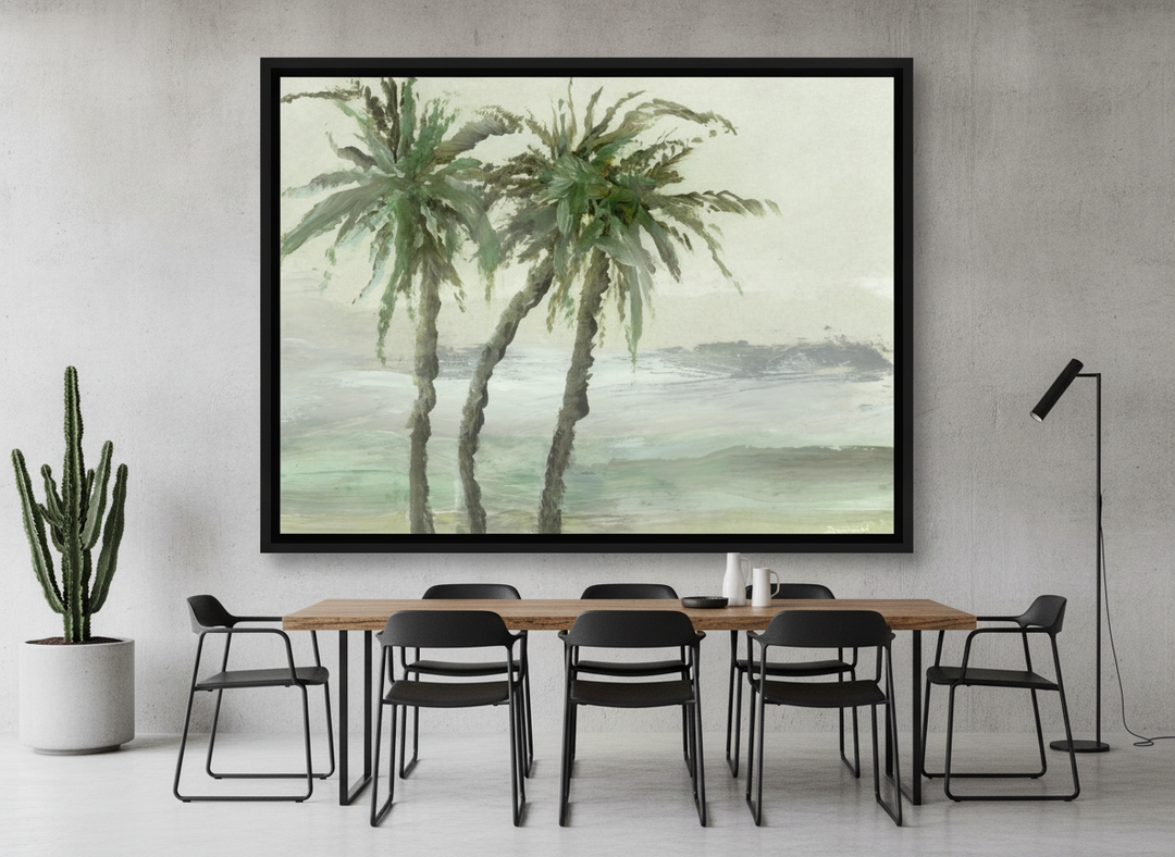 Oversized statement canvas wall art with a black surround styled on the wall in an industrial loft dining room