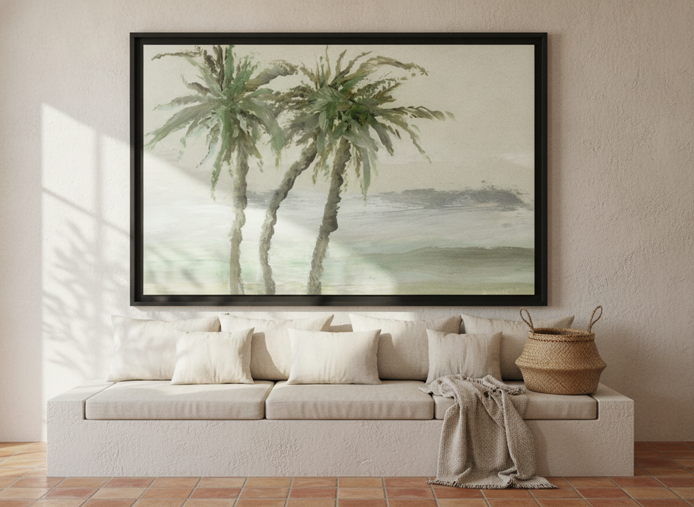 Oversized statement modern wall art print styled on the wall in a Mediterranean living room