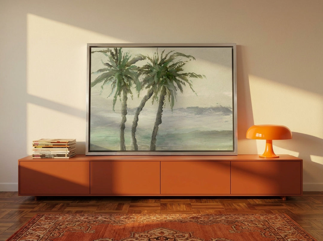 Canvas wall art with a silver leaf surround standing on a sideboard in a retro 70s living room