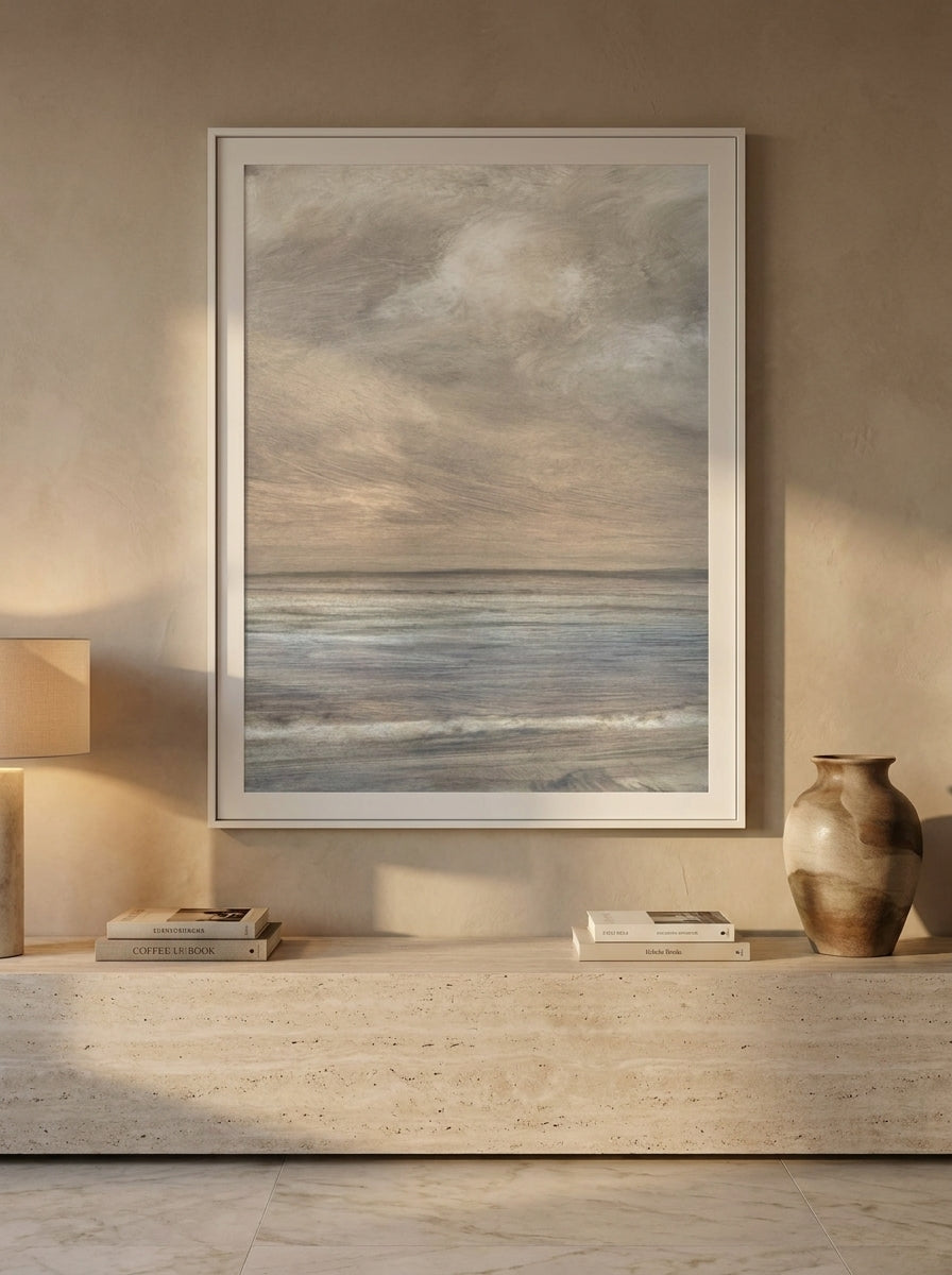 Modern wall art print styled on the wall in a luxe living room