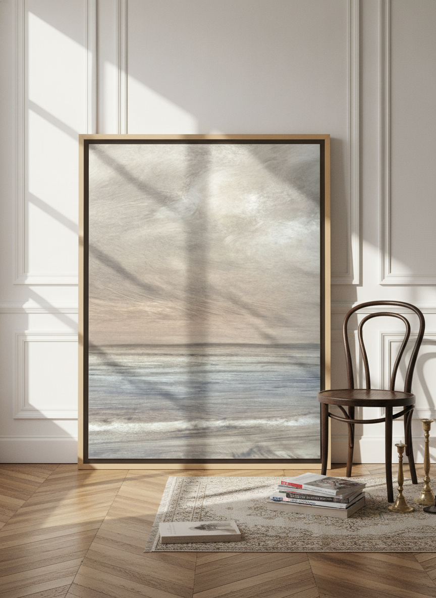 Oversized statement canvas wall art with a natural timber surround leaning against the wall in a Parisian bathroom