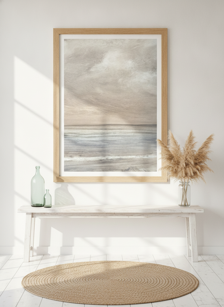 Modern wall art print styled on the wall in a coastal living room