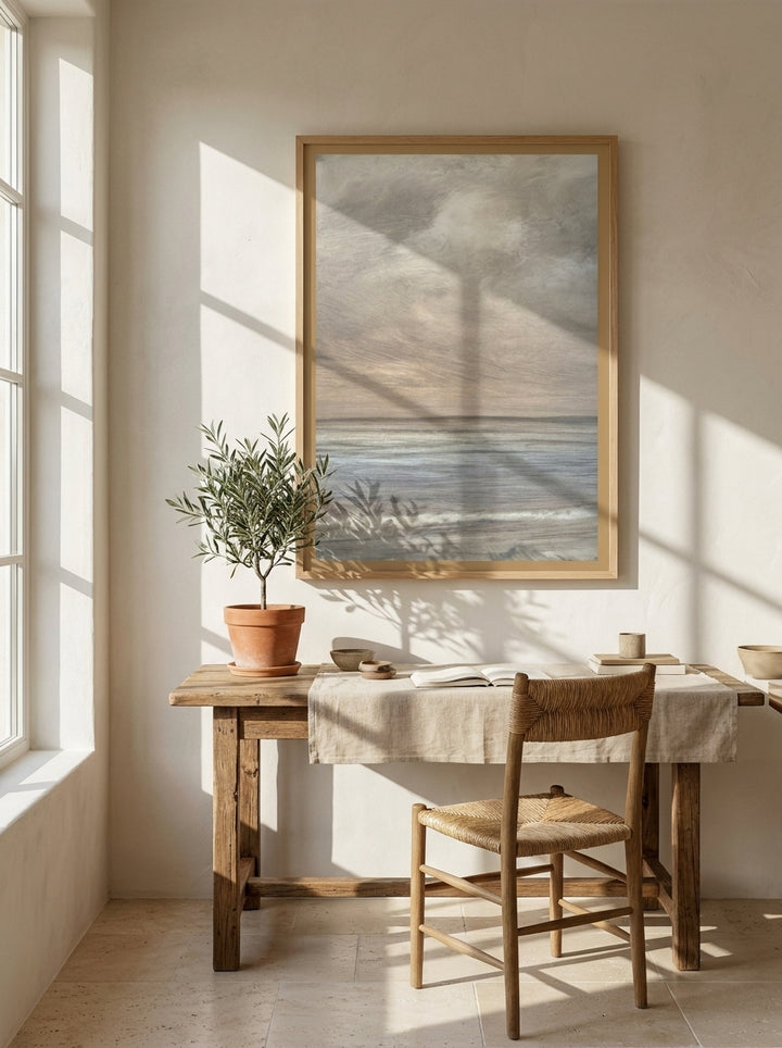 Modern wall art print styled on the wall in a Mediterranean home office