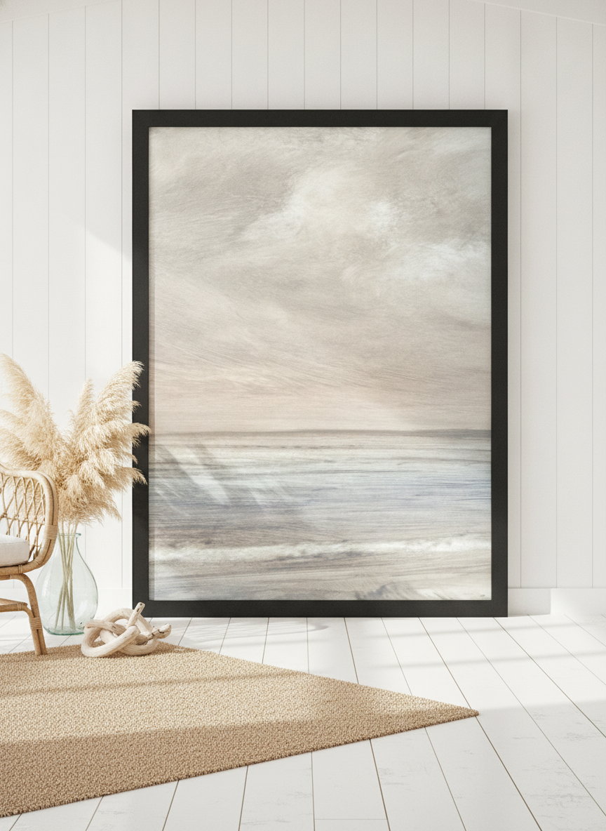 Oversized statement modern wall art print leaning against the wall in a coastal living room