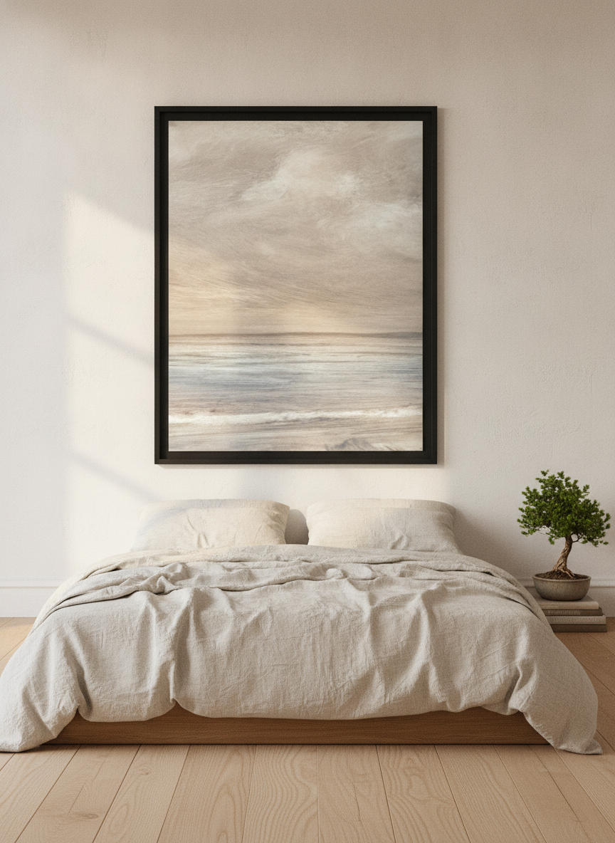Oversized statement modern wall art print styled on the wall in a warm Japandi bedroom