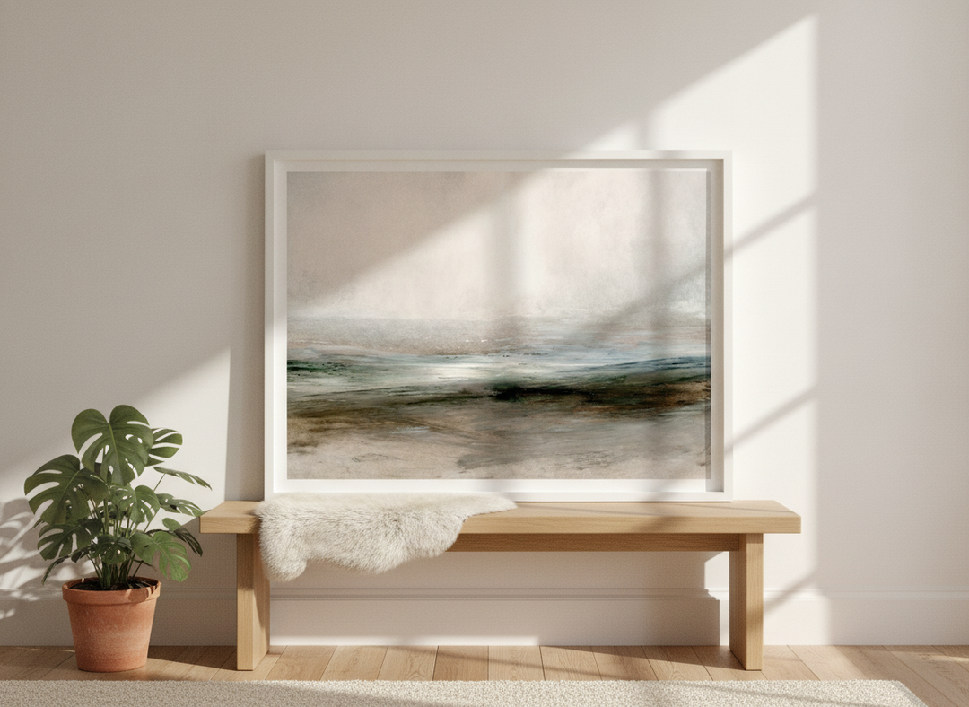 Modern wall art print standing on a bench in a bright Scandinavian home office
