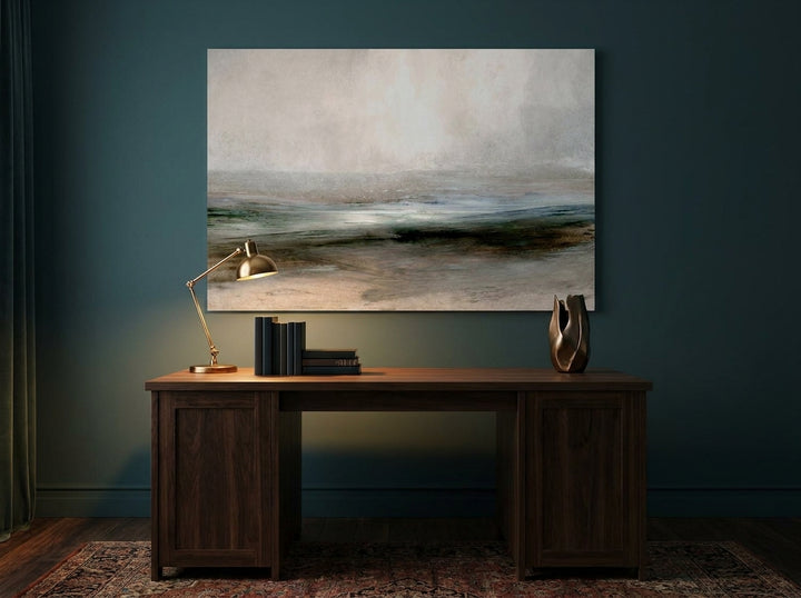 Stretched canvas wall art styled on the wall in a moody home office