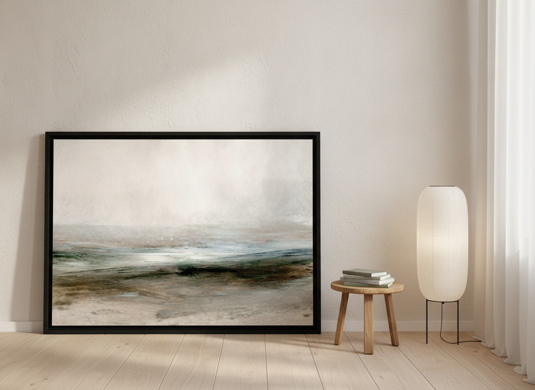 Oversized statement modern wall art print leaning against the wall in a warm Japandi bedroom