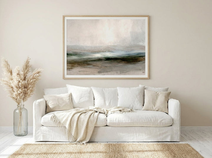 Modern wall art print styled on the wall in a coastal living room