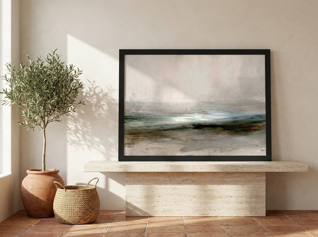 Modern wall art print standing on a console in a Mediterranean living room