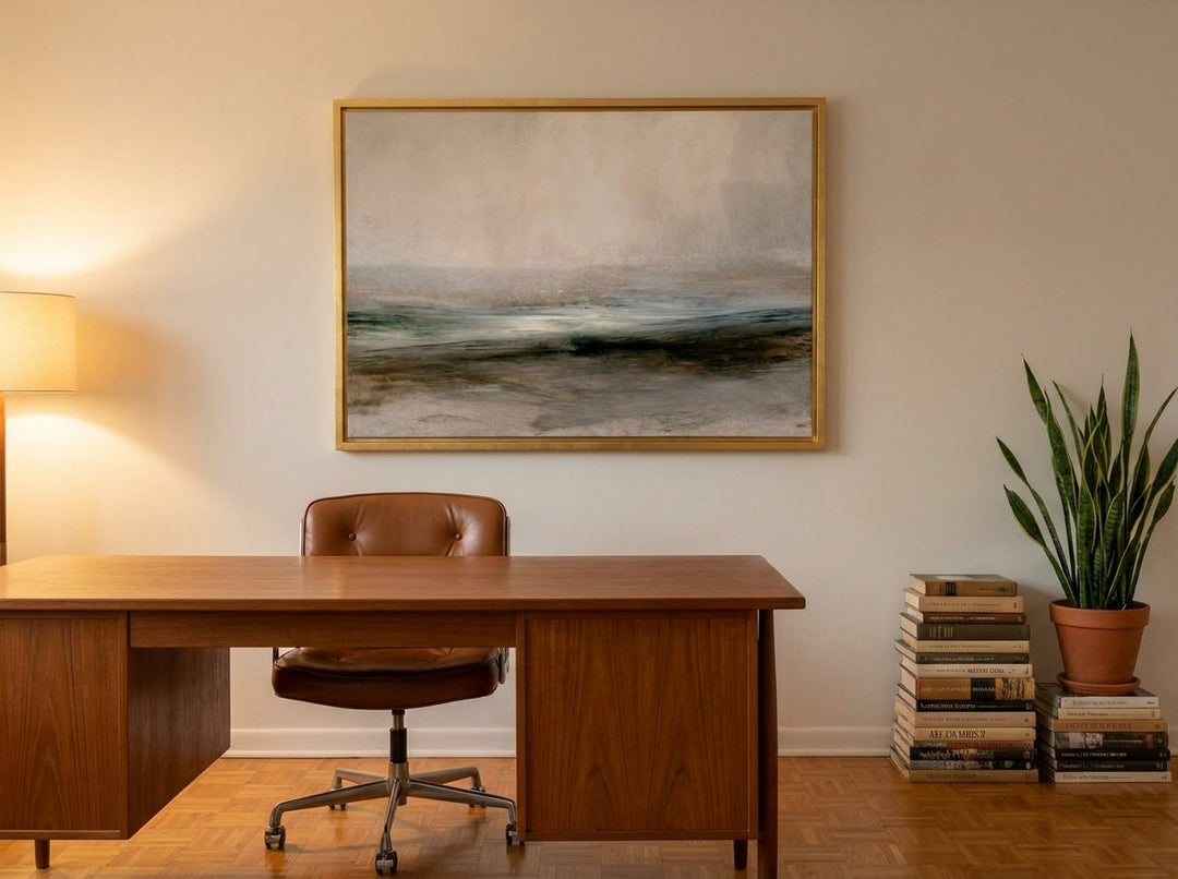 Canvas wall art with a gold leaf surround styled on the wall in a mid-century home office