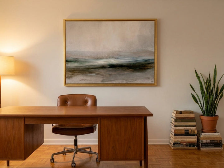 Canvas wall art with a gold leaf surround styled on the wall in a mid-century home office