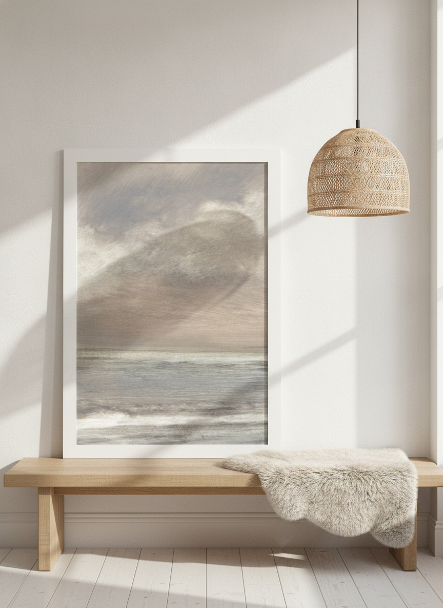 Modern wall art print standing on a bench in a bright Scandinavian home office