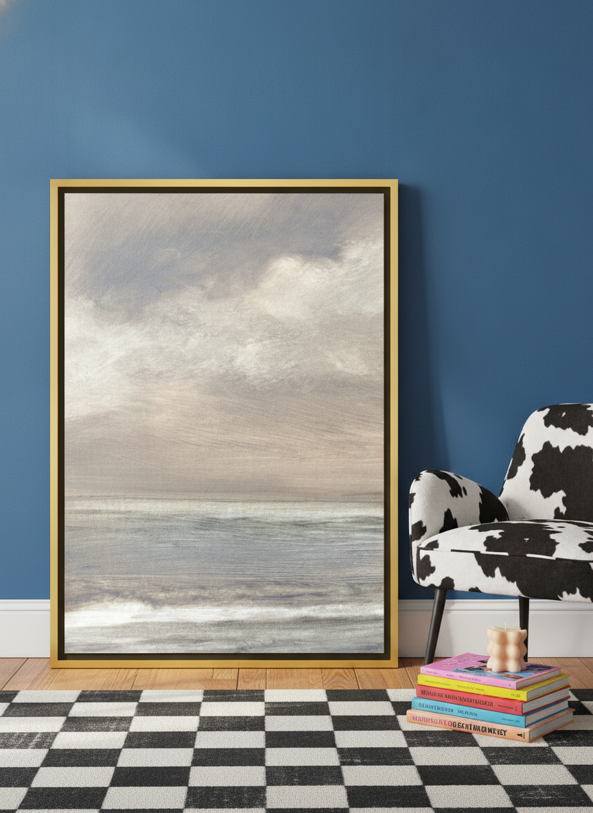 Canvas wall art with a gold leaf surround leaning against the wall in a colourful eclectic bedroom
