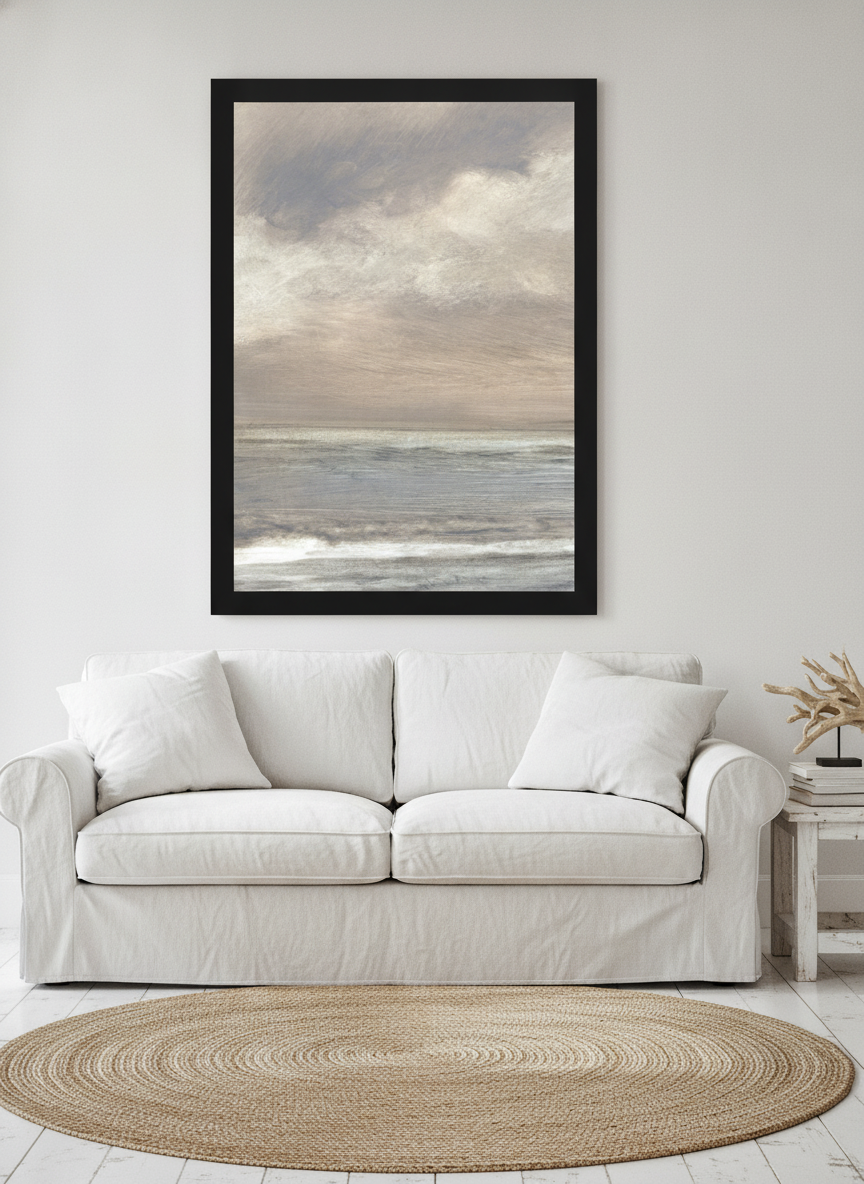 Oversized statement modern wall art print styled on the wall in a coastal living room