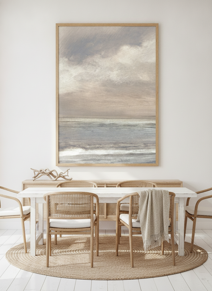 Oversized statement modern wall art print styled on the wall in a coastal dining room