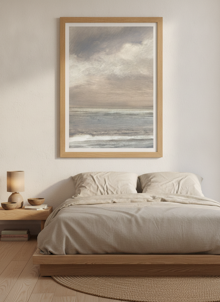 Modern wall art print styled on the wall in a warm Japandi bedroom