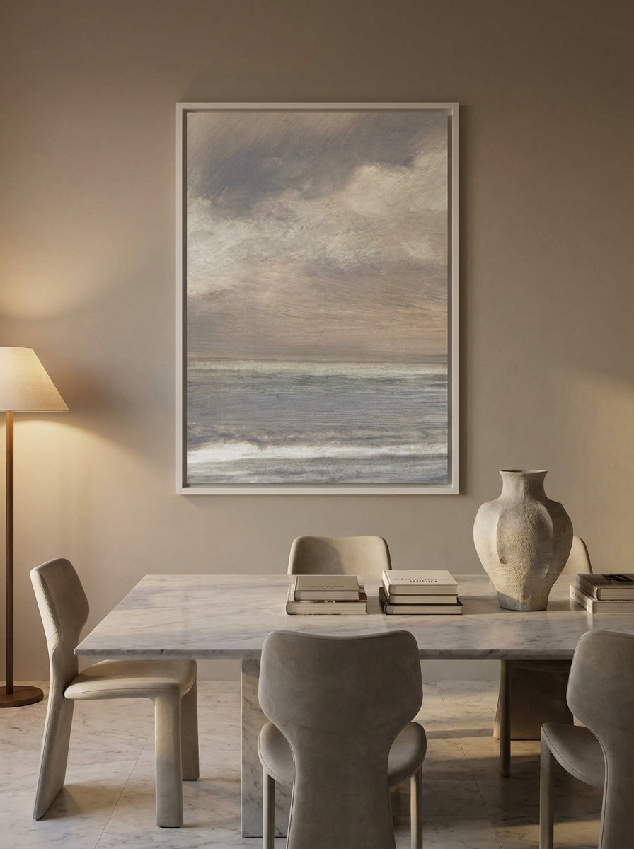 Canvas wall art with a white surround styled on the wall in a luxe dining room