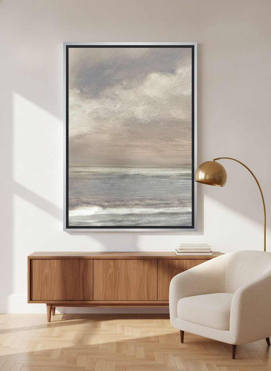 Oversized statement canvas wall art with a silver leaf surround styled on the wall in a mid-century living room