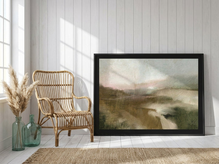 Modern wall art print leaning against the wall in a coastal living room