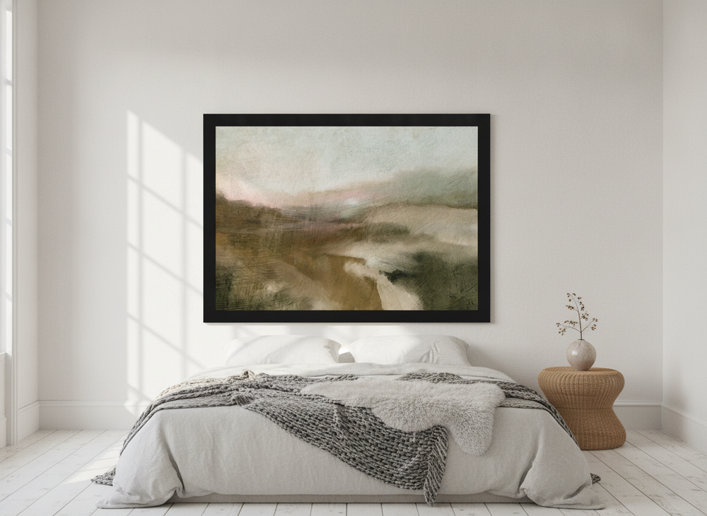 Oversized statement modern wall art print styled on the wall in a bright Scandinavian bedroom
