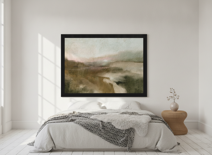 Oversized statement modern wall art print styled on the wall in a bright Scandinavian bedroom