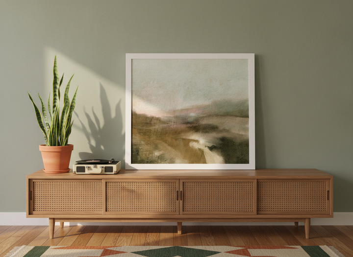 Modern wall art print standing on a sideboard in a mid-century bedroom